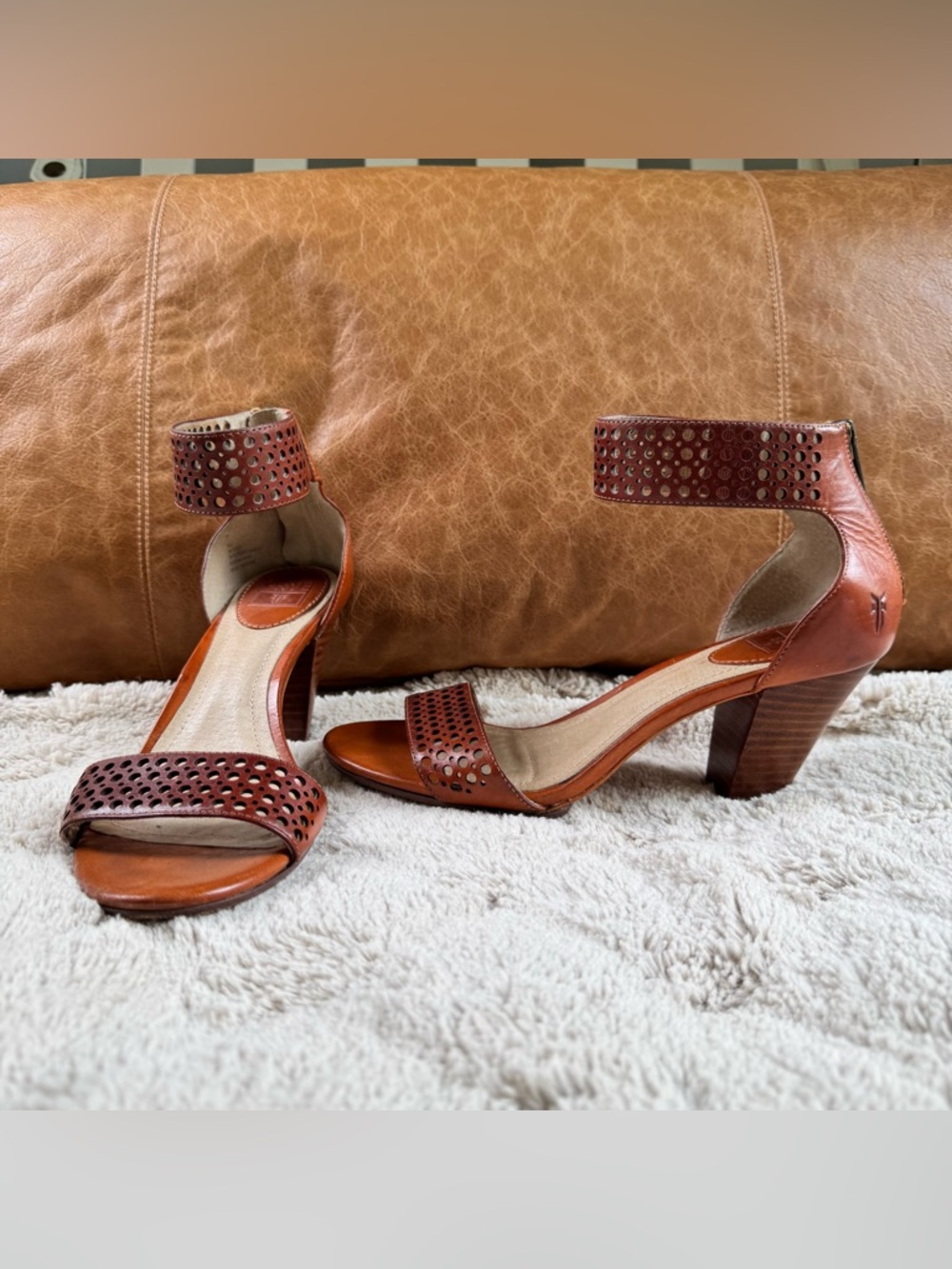 Frye Brown Leather Skye Perforated Ankle Strap Heeled Sandals Size 6